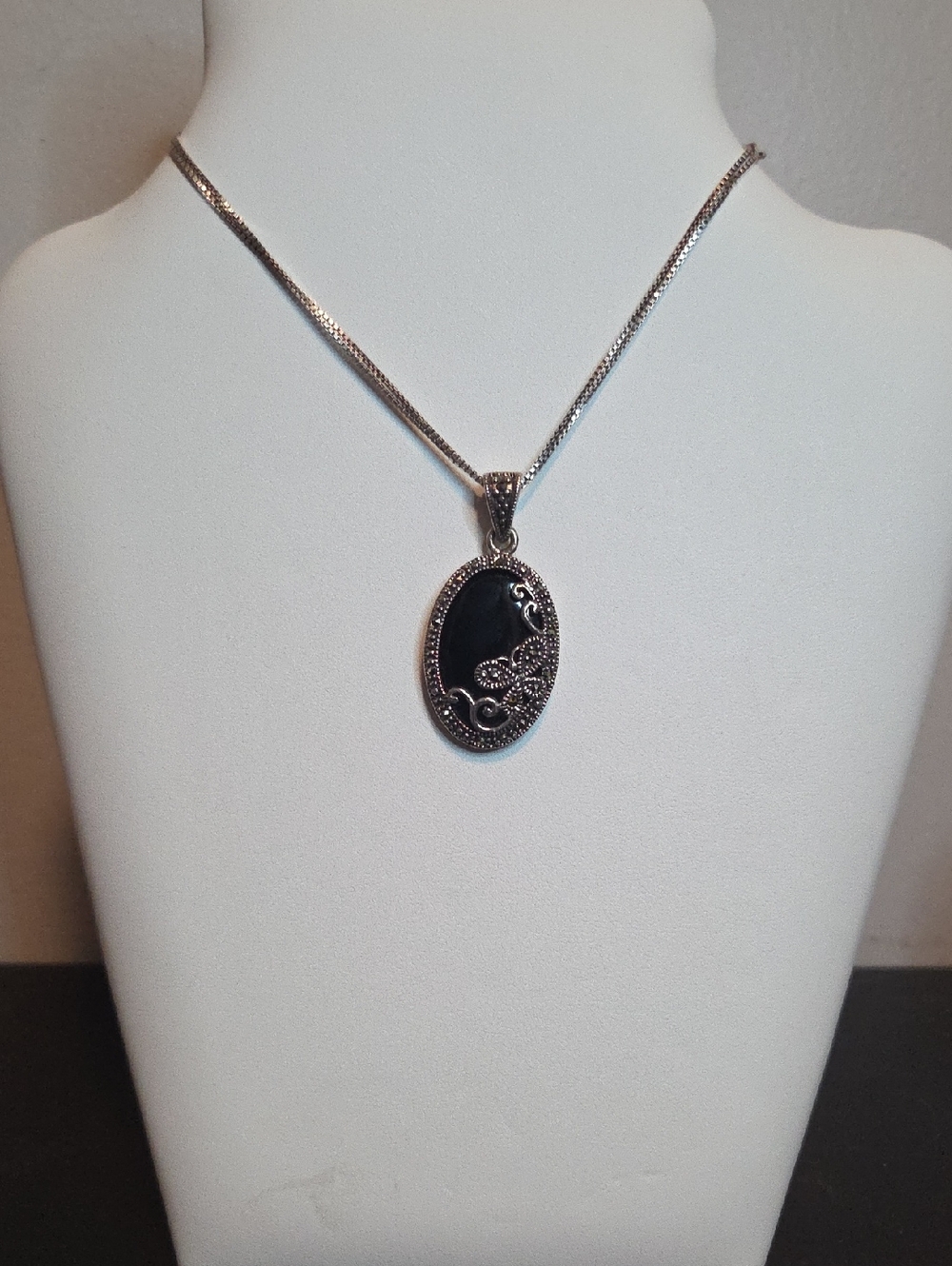 Sterling Silver Black Onyx And Marcasites Oval Pendant Necklace